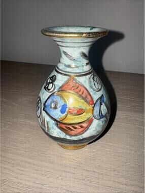 Vintage 24 K Gold Hand Painted Turquoise Vase GIANNIS IN Rhodos Greece Fish